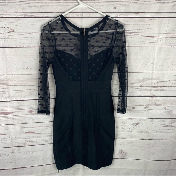 BEBE black bandage long lace polka dot sleeve mini dress Sz XS - Picture 6 of 8